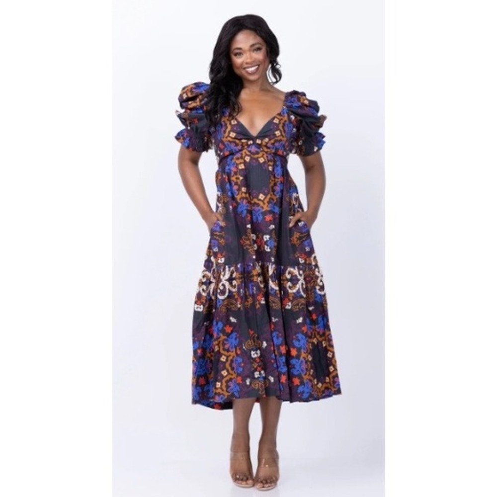 NWT Cleobella Jewel Ankle Dress Venezia‎ Puff Sleeve Midi Black Blue Orange